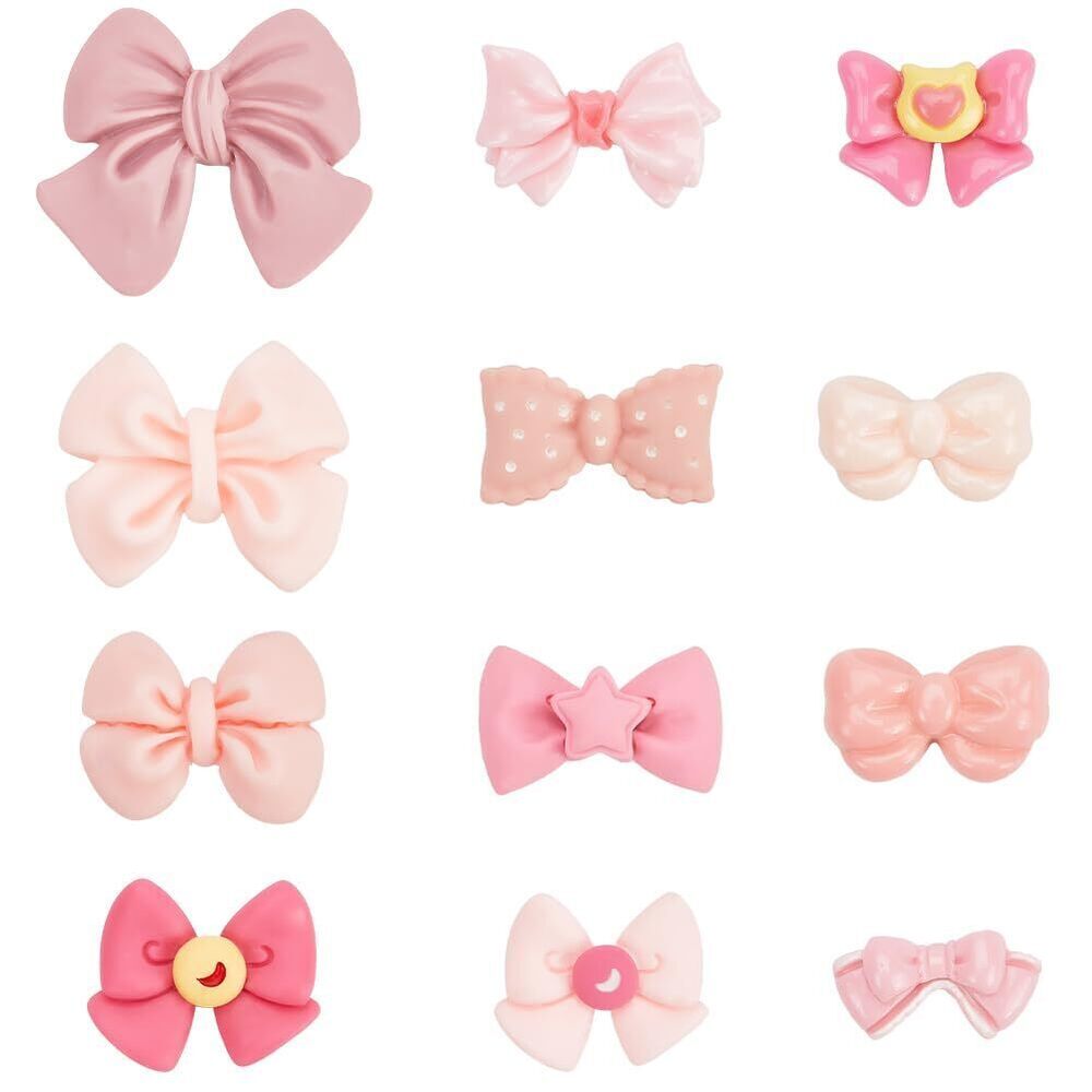 4523 48Pcs 12 Styles Flat Back Bow Cabochons Bowknot Resin Charms Bulk Pink